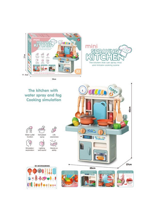 محاكاة لعب الأطفال منزل الصوت والضوء رذاذ الماء المطبخ الفاخرة محاكاة مجموعة أدوات المائدة بالجملة-اللون: جوهرة خضراء 33 قطعة رذاذ + منفذ المياه الصوتية البصرية - Image 1