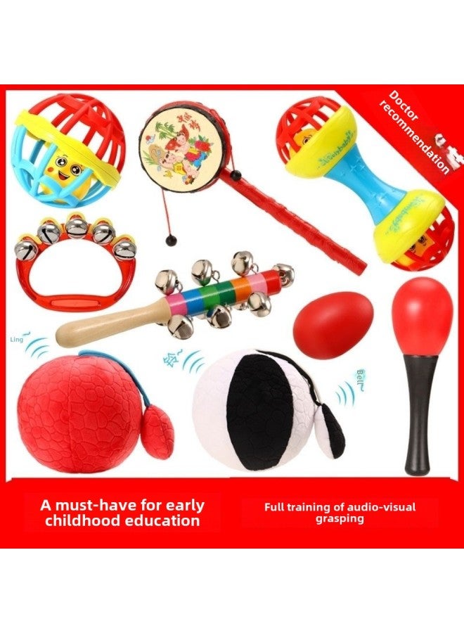 Baby Toys Small Sand Hammer Musical Instruments Red Ball Small Rattles Can Bite Puzzle Early Education Grasping Training Baby Hand Rattles-Color:Sand Hammer + Sand Egg + Hand Bell + Red Ball Black And White Ball - Image 2