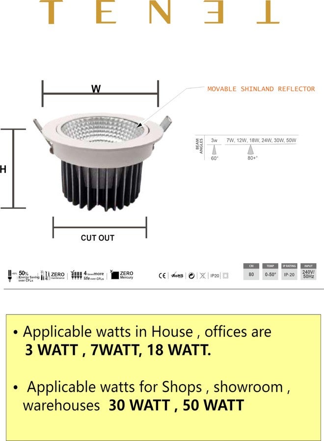 TENET LED COB Trimless Round Downlight Ceiling Light, Energy-Efficient, Adjustable Direction, Ideal for Modern Homes, Shops, Showrooms, Offices (Round, White, Matt Finish, 18W, 1, Pack of 1) - Image 4