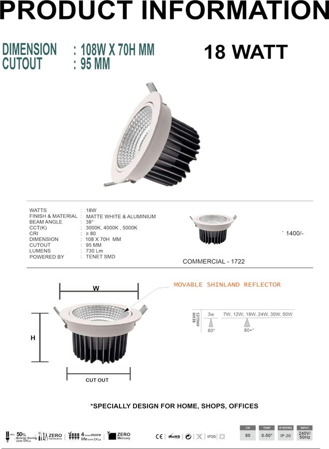 TENET LED COB Trimless Round Downlight Ceiling Light, Energy-Efficient, Adjustable Direction, Ideal for Modern Homes, Shops, Showrooms, Offices (Round, White, Matt Finish, 18W, 1, Pack of 1) - Image 3