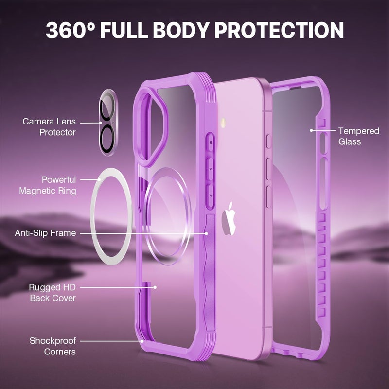 CENHUFO Magnetic Case for iPhone 16, Compatible with MagSafe Built-in Tempered Glass Screen Protector and Camera Protector [9H HD] 360° Shockproof Phone Cover Double Case – Rose Red Wide use selected material - Image 2