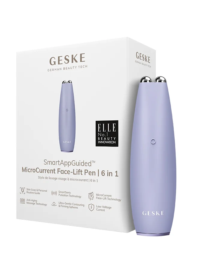 GESKE SmartAppGuided MicroCurrent Face-Lift Pen | 6 in 1 | Anti-aging device | Instant face lift | Skincare tool | Remove wrinkles for firm & youthful skin | Advanced smoothing facial firmer - Purple