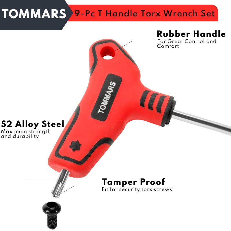 TOMMARS 9PC T Handle Torx Wrench Set, S2 Steel, T10 - T50 Tamper Proof Star Key Set - Image 4