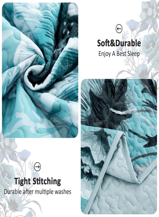 Drucon Blue Floral Quilt Set Queen 3 Pieces Boho Flower Quilt Coverlet Set Soft Microfiber Lightweight Floral Quilted Bedspread with 2 Pillow Shams for All Season 90"x96" - Image 5