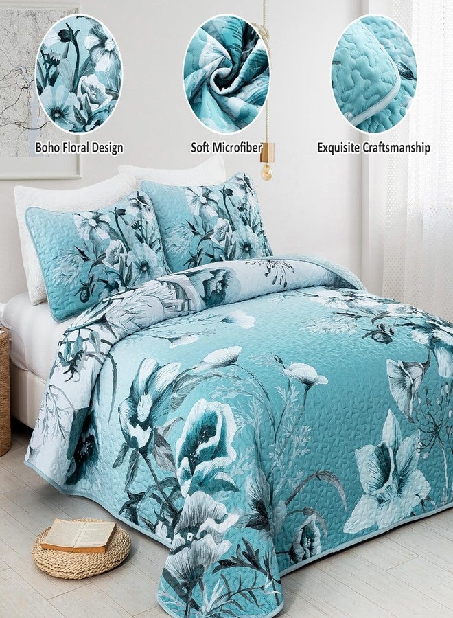 Drucon Blue Floral Quilt Set Queen 3 Pieces Boho Flower Quilt Coverlet Set Soft Microfiber Lightweight Floral Quilted Bedspread with 2 Pillow Shams for All Season 90"x96" - Image 2