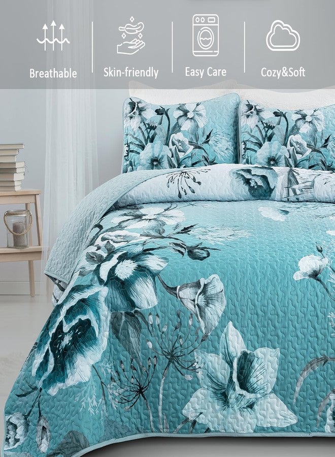 Drucon Blue Floral Quilt Set Queen 3 Pieces Boho Flower Quilt Coverlet Set Soft Microfiber Lightweight Floral Quilted Bedspread with 2 Pillow Shams for All Season 90"x96" - Image 3