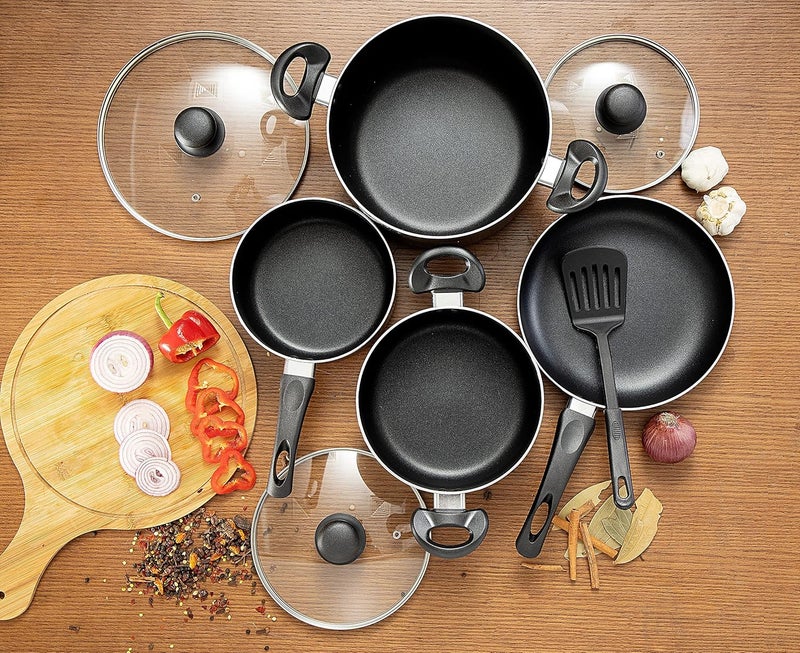 Royalford 8 Pieces Non-Stick Cookware Set Cd Bottom 2.5Mm Thichness Heat Resistant Exterior Strong Aluminium Body Easy Grip Bakelite Handle Durable Interior Pfoa Free Black - Image 4