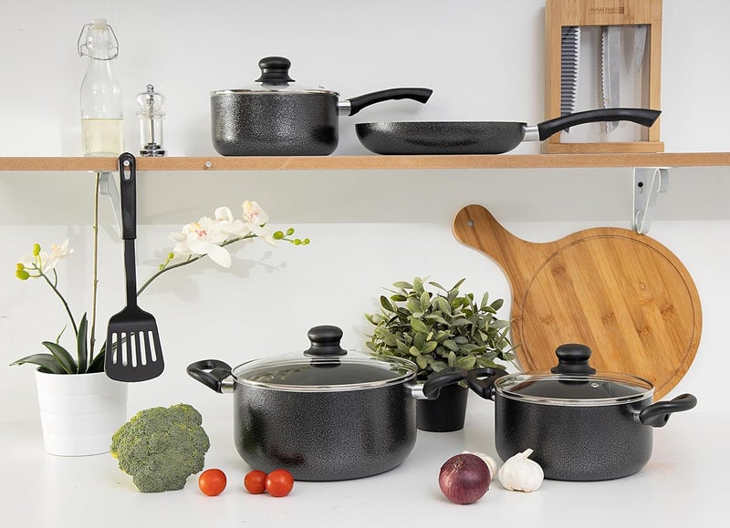 Royalford 8 Pieces Non-Stick Cookware Set Cd Bottom 2.5Mm Thichness Heat Resistant Exterior Strong Aluminium Body Easy Grip Bakelite Handle Durable Interior Pfoa Free Black - Image 3