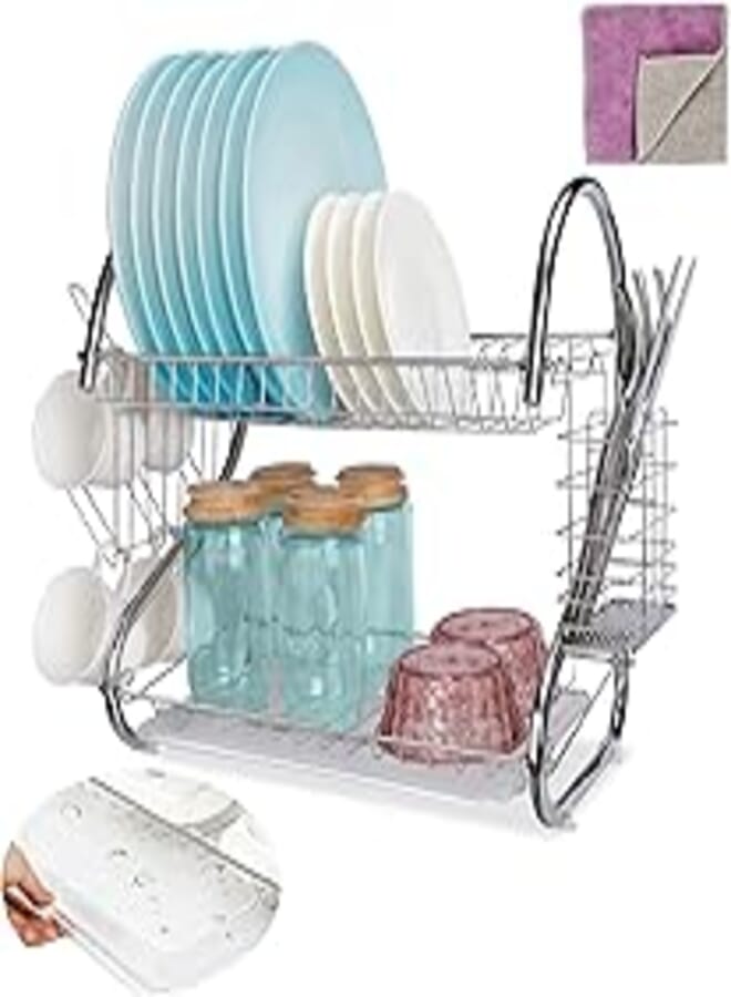 Midyb Dish Drainer Rack, 2 Tier Dish Drying Rack with Drip Tray, Removable Plate Draining Board & Cutlery Holder, Large Capacity Dish Drainers for Kitchen Countertop, Iron