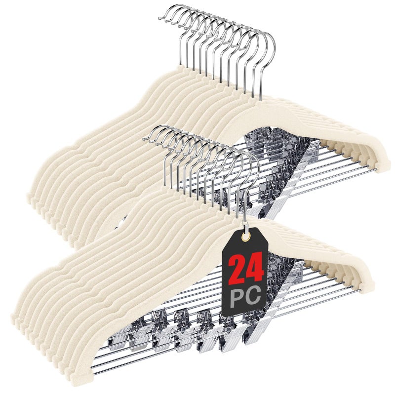 Korpai 24-Pack Beige Velvet Hangers with Clips Adjustable,Adult Hangers,Outfit Hangers,Heavy-Duty,Non-Slip,Space Saving, Felt Hanger for Pants, Skirts, Suits,Coats, Dresses ect. - Image 1