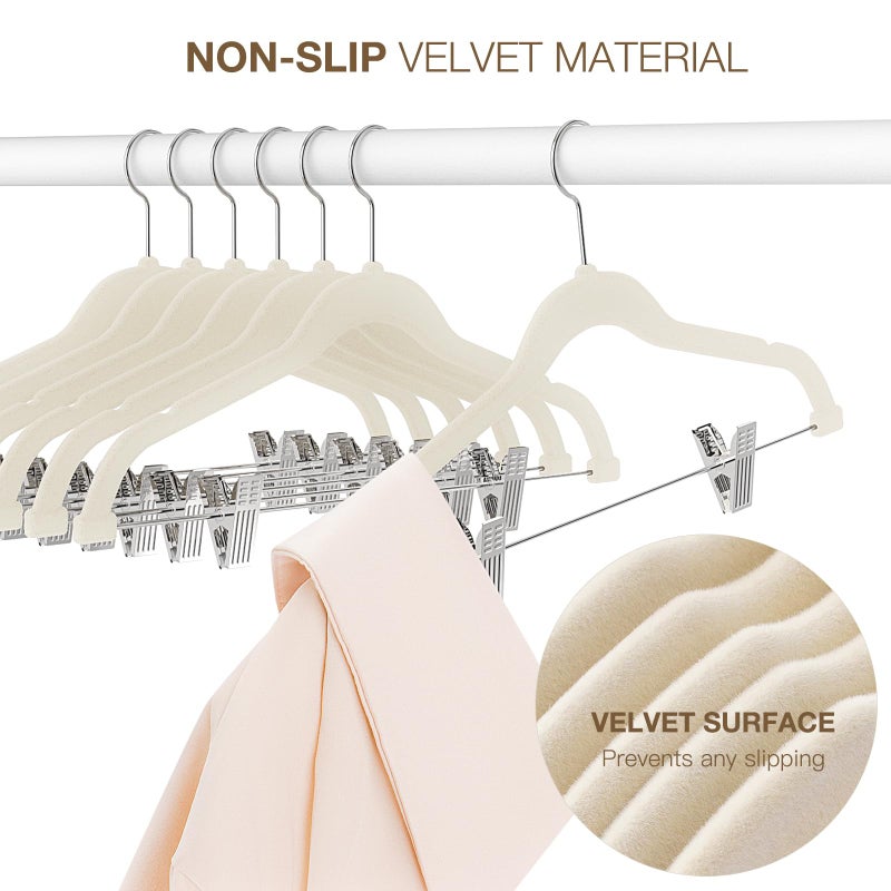 Korpai 24-Pack Beige Velvet Hangers with Clips Adjustable,Adult Hangers,Outfit Hangers,Heavy-Duty,Non-Slip,Space Saving, Felt Hanger for Pants, Skirts, Suits,Coats, Dresses ect. - Image 4