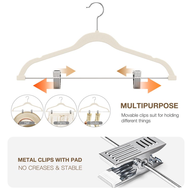 Korpai 24-Pack Beige Velvet Hangers with Clips Adjustable,Adult Hangers,Outfit Hangers,Heavy-Duty,Non-Slip,Space Saving, Felt Hanger for Pants, Skirts, Suits,Coats, Dresses ect. - Image 3