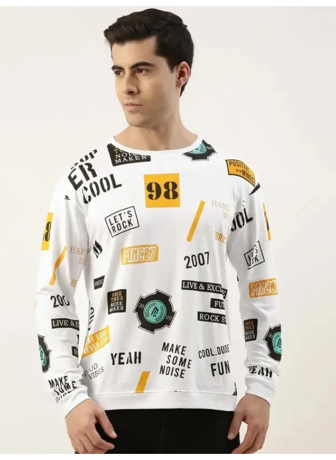مانياك Maniac Mens All Over Printed Round Neck Full Sleeve White Boxy Fit Cotton T-Shirt