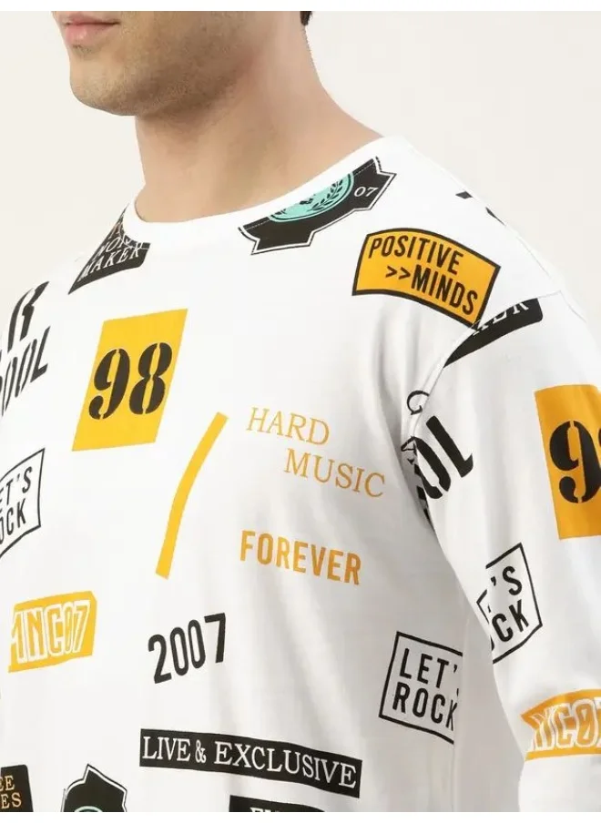 مانياك Maniac Mens All Over Printed Round Neck Full Sleeve White Boxy Fit Cotton T-Shirt