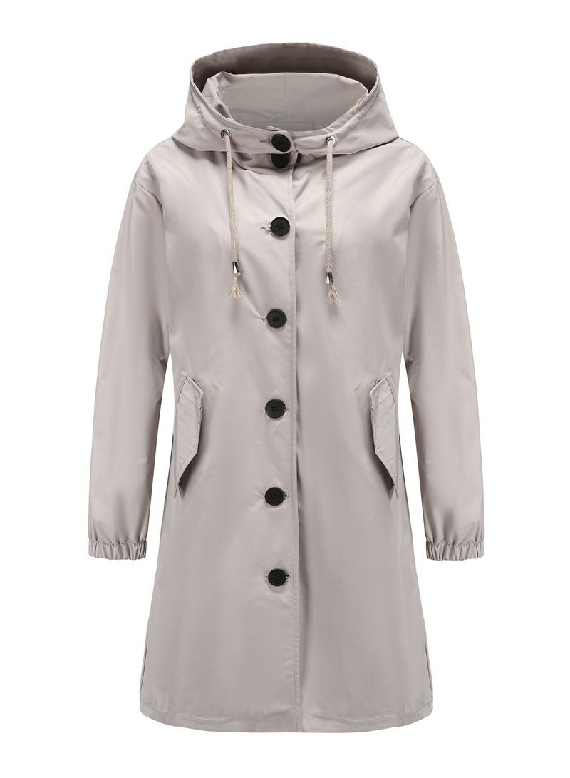 Loquat Women's New Waterproof Hooded Windbreaker Casual Long Coat Light grey  - Image 1