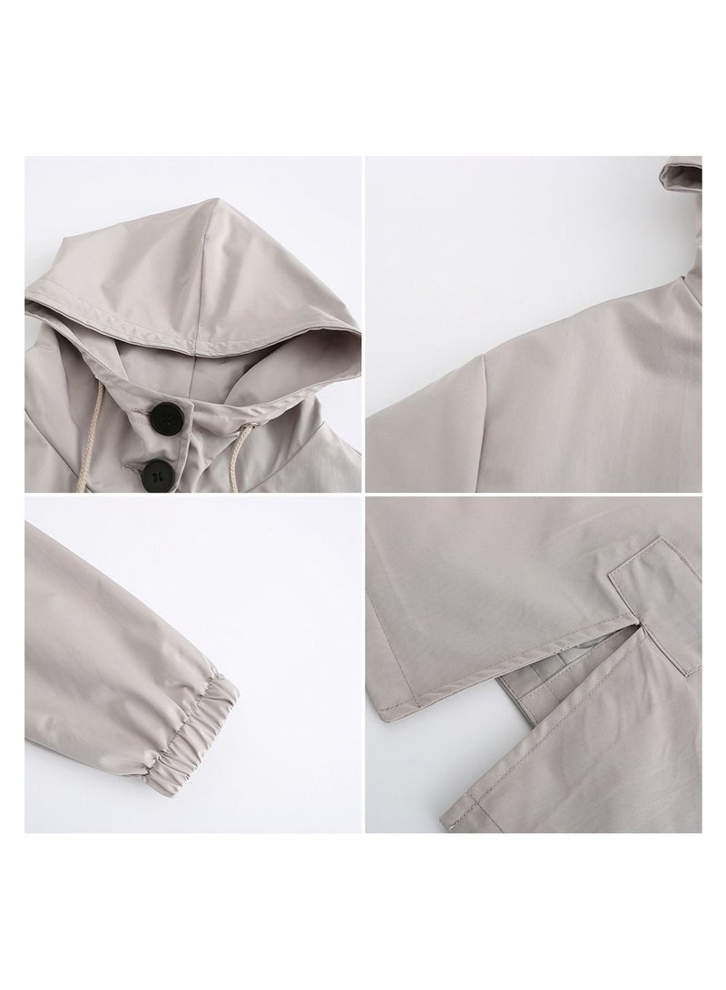 Loquat Women's New Waterproof Hooded Windbreaker Casual Long Coat Light grey  - Image 3