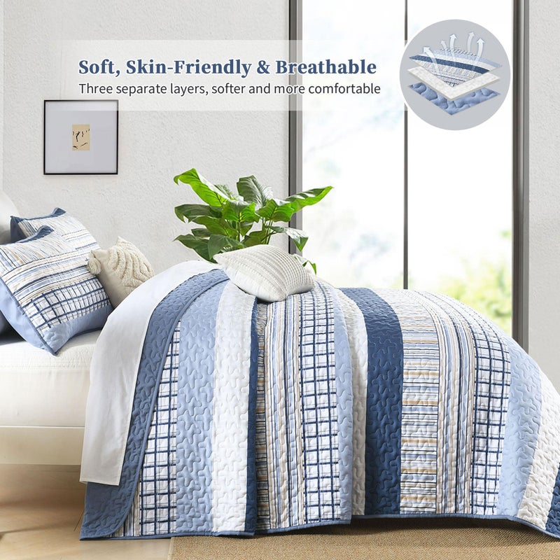 DJY Navy Blue Striped Quilt Queen Size, Boho Blue Tan Striped Bedspread Coverlet Set Soft Microfiber Bohemian Patchwork Quilt Bedding Set 3 Pieces for All Season - Image 4