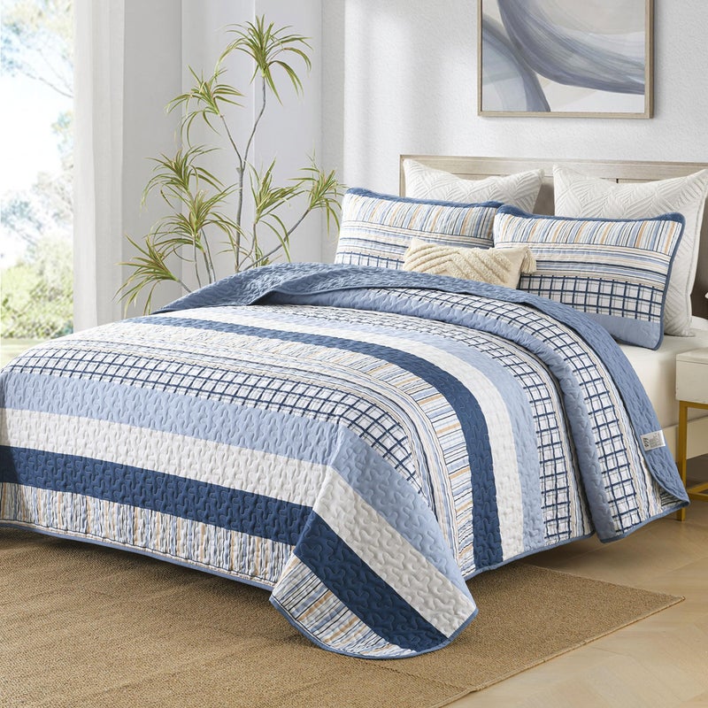 DJY Navy Blue Striped Quilt Queen Size, Boho Blue Tan Striped Bedspread Coverlet Set Soft Microfiber Bohemian Patchwork Quilt Bedding Set 3 Pieces for All Season - Image 2