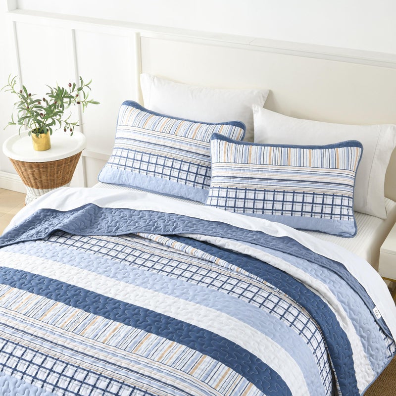 DJY Navy Blue Striped Quilt Queen Size, Boho Blue Tan Striped Bedspread Coverlet Set Soft Microfiber Bohemian Patchwork Quilt Bedding Set 3 Pieces for All Season - Image 5