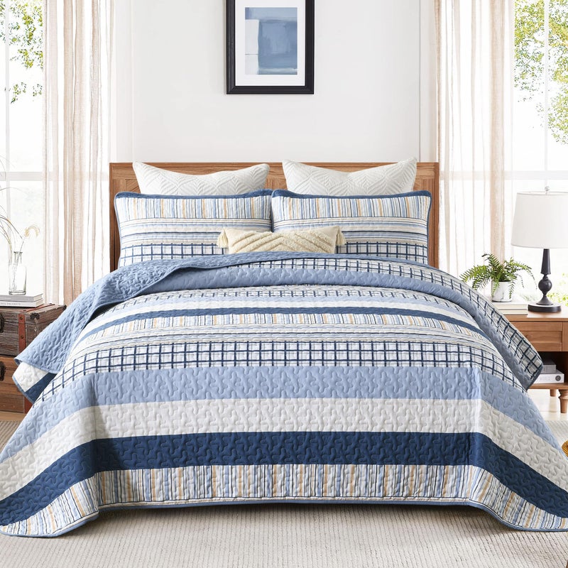 DJY Navy Blue Striped Quilt Queen Size, Boho Blue Tan Striped Bedspread Coverlet Set Soft Microfiber Bohemian Patchwork Quilt Bedding Set 3 Pieces for All Season - Image 1