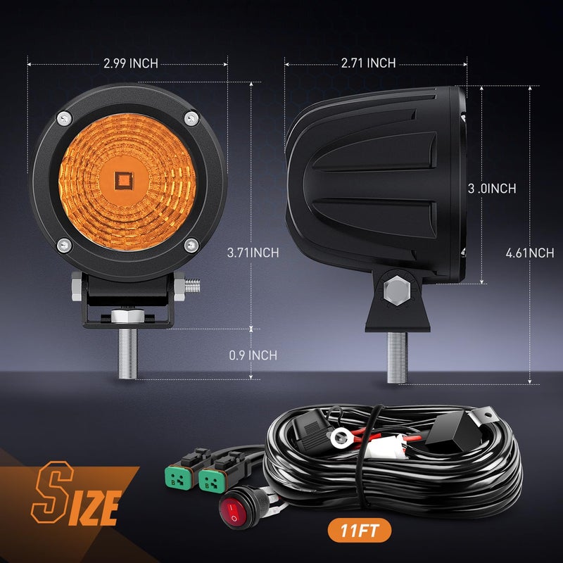 Nilight Amber LED Light Pods 2 PCS 3" Flood Round Offroad Driving Auxiliary Fog Lights Built-in EMC w/18AWG DT Wiring Harness Kit for Motorcycle SUV ATV Truck Boat - Image 2