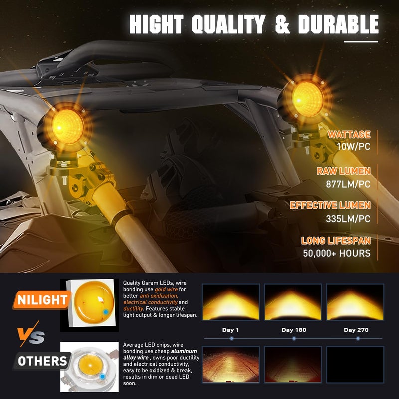 Nilight Amber LED Light Pods 2 PCS 3" Flood Round Offroad Driving Auxiliary Fog Lights Built-in EMC w/18AWG DT Wiring Harness Kit for Motorcycle SUV ATV Truck Boat - Image 3