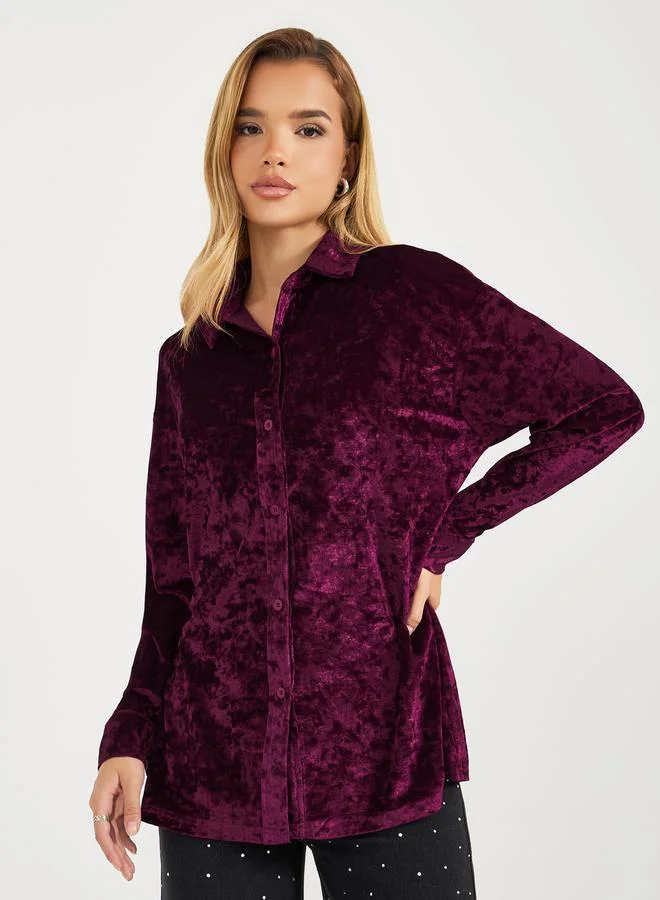 Styli Velvet Look Oversized Longline Shirt