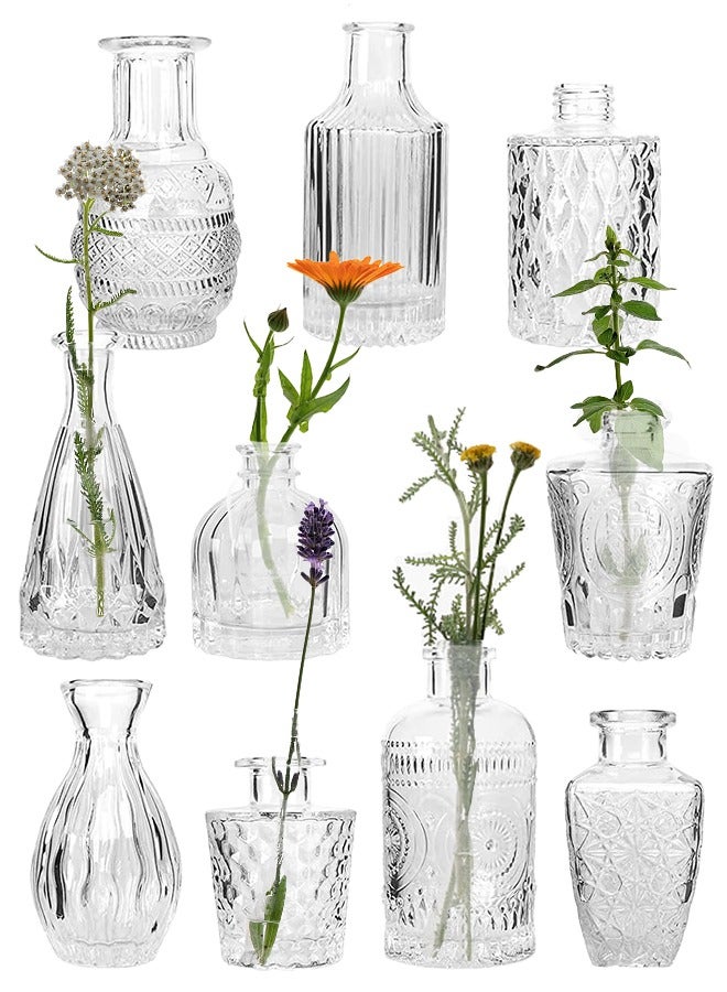 10 PCS Glass Bud Vase Set，Small Vases for Flowers, Clear Bud Vases in Bulk, Mini Vintage Vase for Rustic Wedding Decorations,home table flower arrangements and Ramadan decorations.