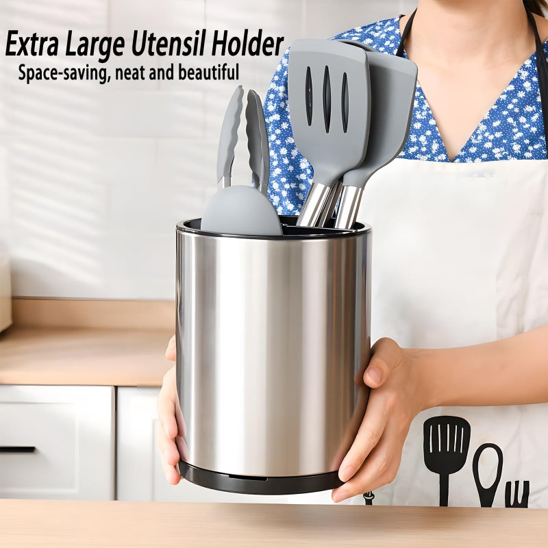 Molibest Kitchen Utensil Holder, Extra Large 360° Rotating Cooking Utensil Holder for Countertop, Stainless Steel Organizer Silverware Caddy 3 Compartment Flatware with Removable Base（Silvery） - Image 2