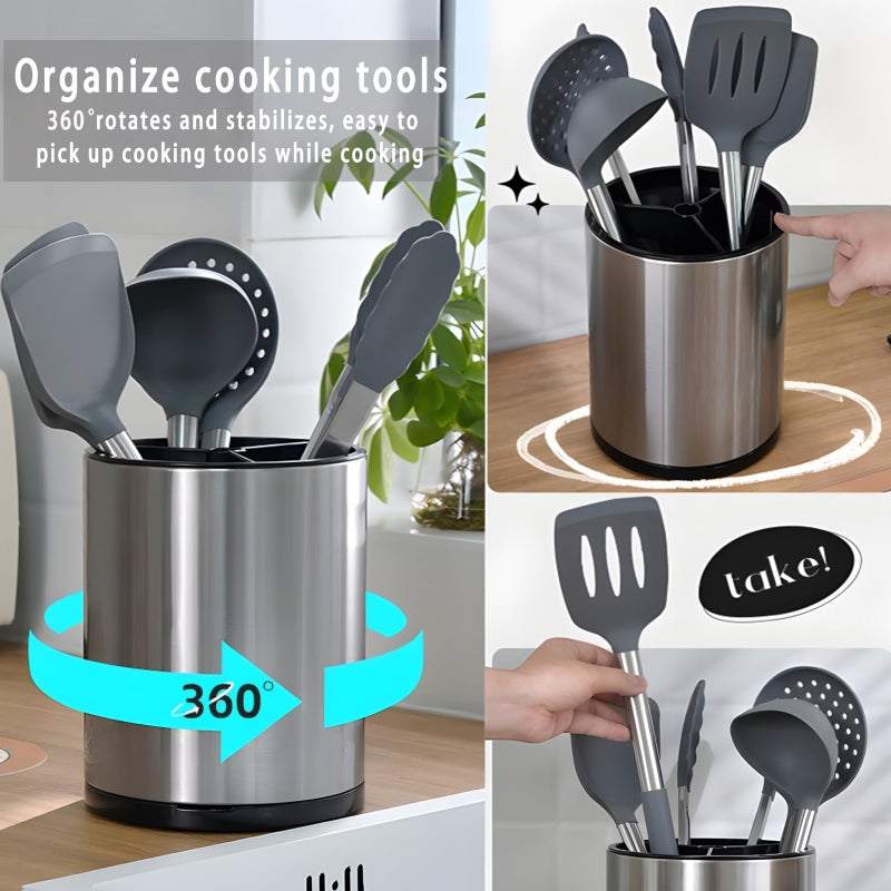 Molibest Kitchen Utensil Holder, Extra Large 360° Rotating Cooking Utensil Holder for Countertop, Stainless Steel Organizer Silverware Caddy 3 Compartment Flatware with Removable Base（Silvery） - Image 4