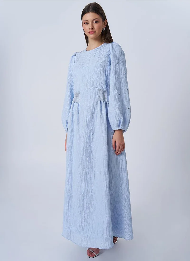 Kayra Stone-Embellished Jacquard Dress Blue