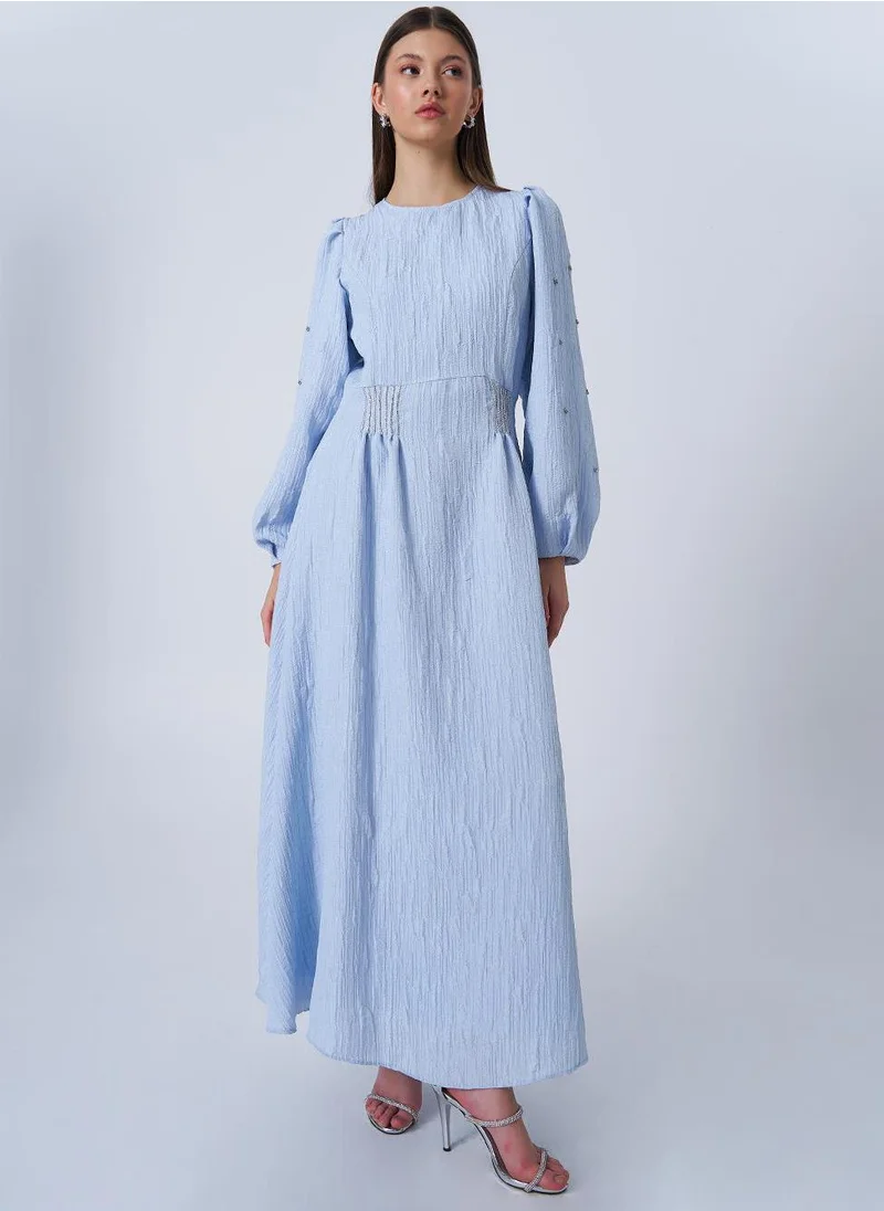 Kayra Stone-Embellished Jacquard Dress Blue