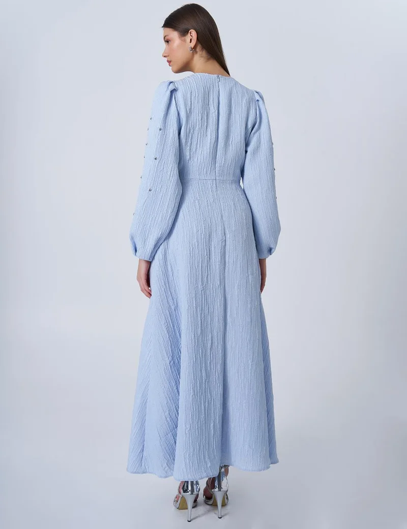 Kayra Stone-Embellished Jacquard Dress Blue