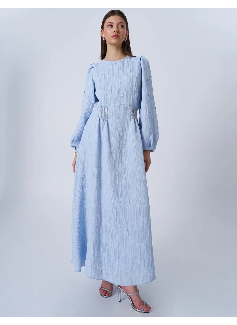 Kayra Stone-Embellished Jacquard Dress Blue