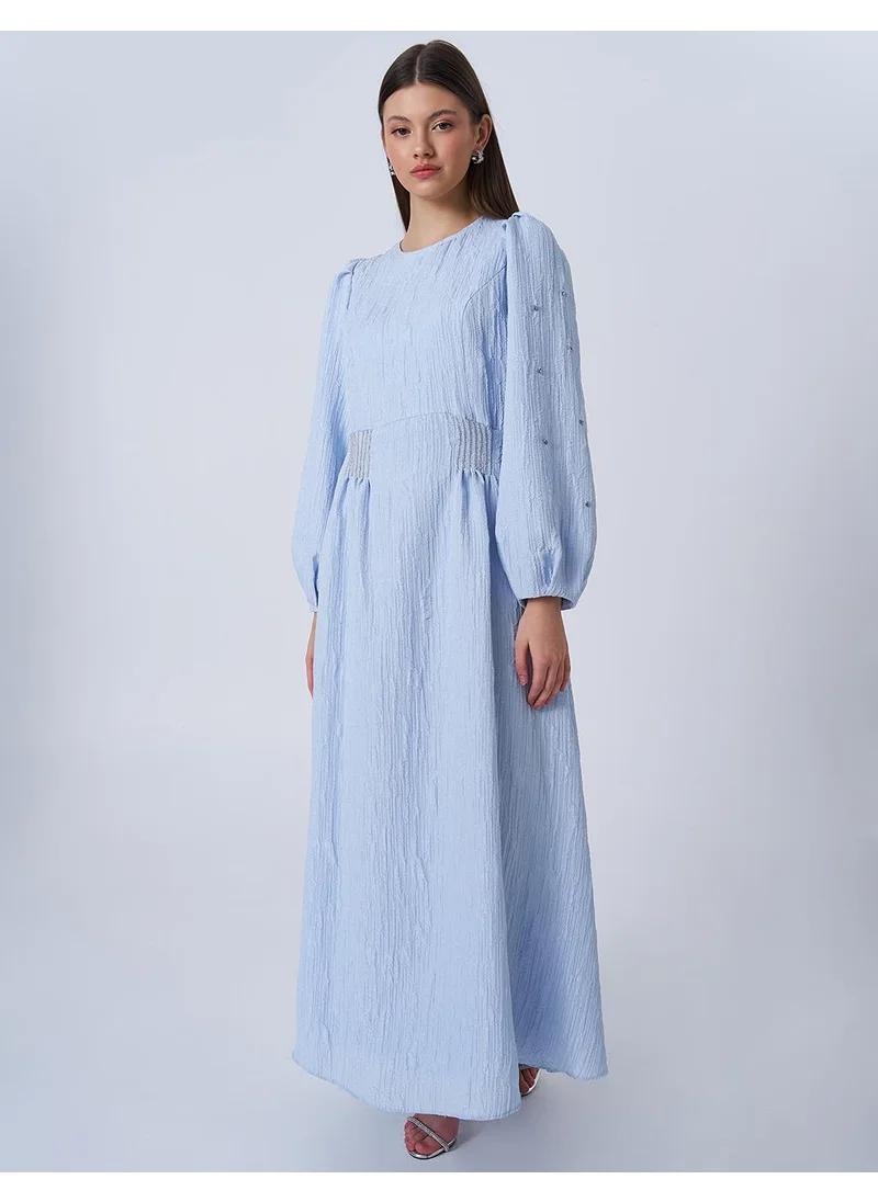 Kayra Stone-Embellished Jacquard Dress Blue