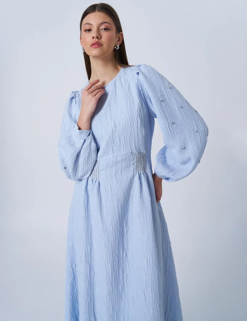 Kayra Stone-Embellished Jacquard Dress Blue
