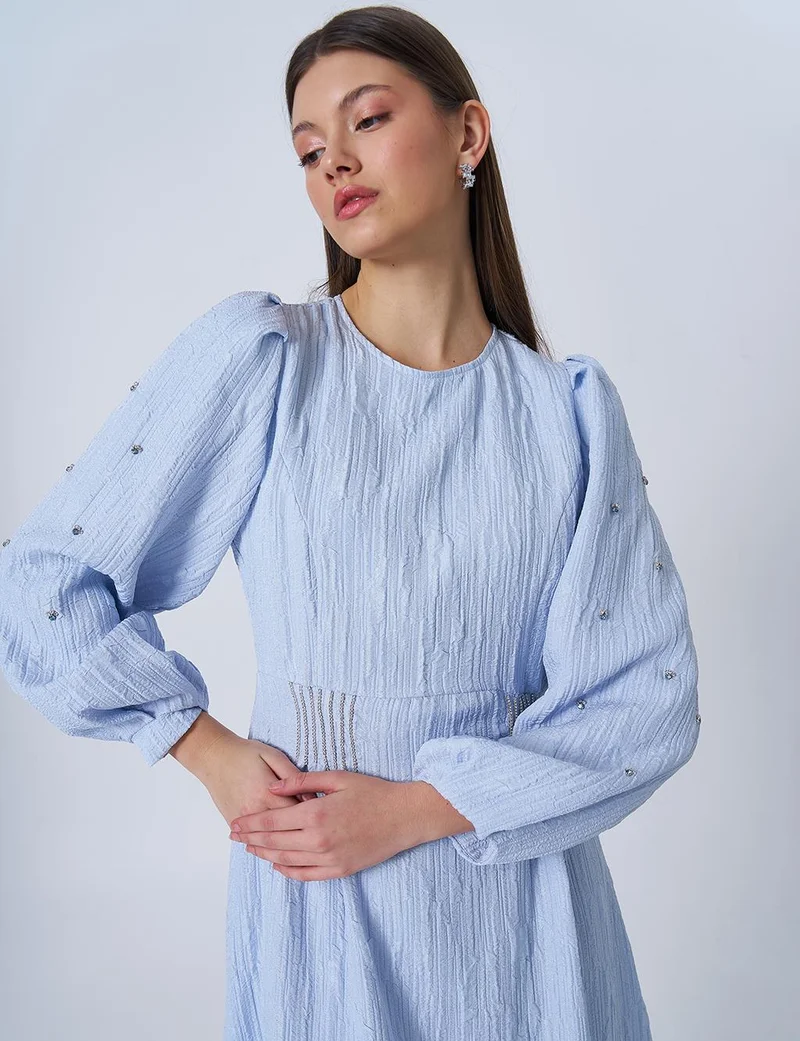 Kayra Stone-Embellished Jacquard Dress Blue