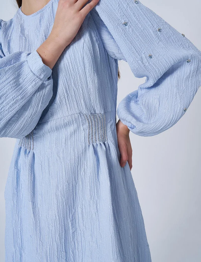 Kayra Stone-Embellished Jacquard Dress Blue