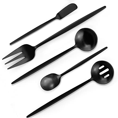 VANVRO Matte Black Serving Silverware Set 5Piece Round Shared Utensils Set of Stainless Steel Hostess Flatware Serving Set Satin Finish Dishwasher Safe