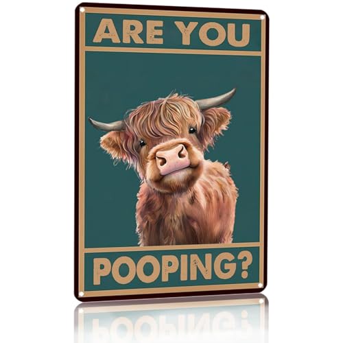 MAKABEE Vintage Highland Cow Tin Sign: Funny "Are You Pooping?" Bathroom Wall Decor for Western & Highland Cow Lovers 8 x 12 Inch (Highland Cow) - Image 1