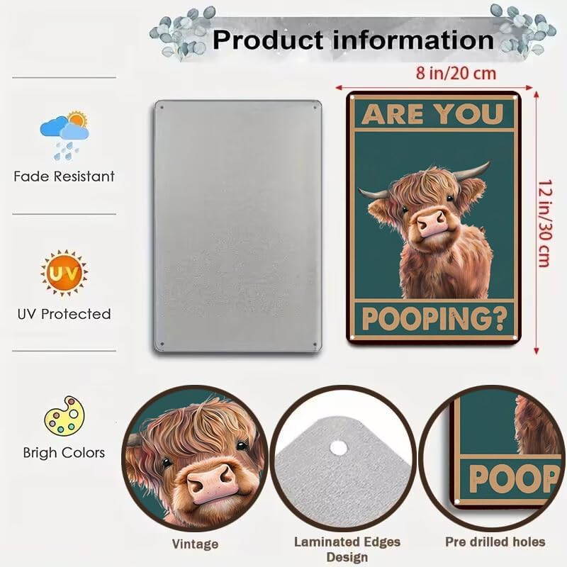MAKABEE Vintage Highland Cow Tin Sign: Funny "Are You Pooping?" Bathroom Wall Decor for Western & Highland Cow Lovers 8 x 12 Inch (Highland Cow) - Image 2