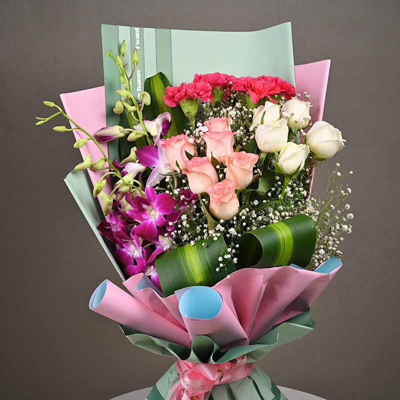 Floweraura FlowerAura Fresh Live Flower Bouquet of 11 Mix Roses 4 Carnations 3 Purple Flowers For Birthday Gift Anniversary Gift Wedding Gift Gift For Special Occasions Same Day Delivery  - Image 3