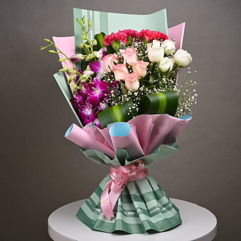Floweraura FlowerAura Fresh Live Flower Bouquet of 11 Mix Roses 4 Carnations 3 Purple Flowers For Birthday Gift Anniversary Gift Wedding Gift Gift For Special Occasions Same Day Delivery  - Image 1