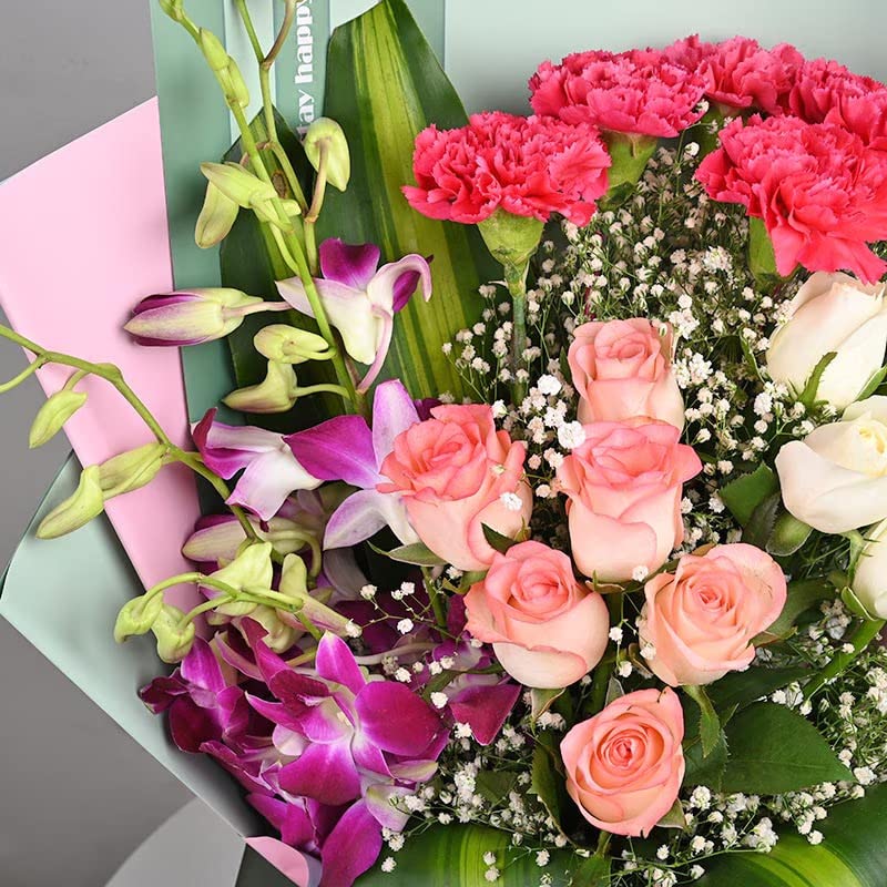 Floweraura FlowerAura Fresh Live Flower Bouquet of 11 Mix Roses 4 Carnations 3 Purple Flowers For Birthday Gift Anniversary Gift Wedding Gift Gift For Special Occasions Same Day Delivery  - Image 5