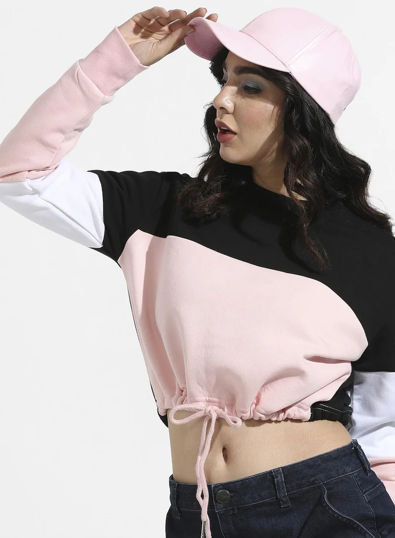 Campus Sutra Women's Multicolour Colourblocked Sweatshirt With Drawstring Waist