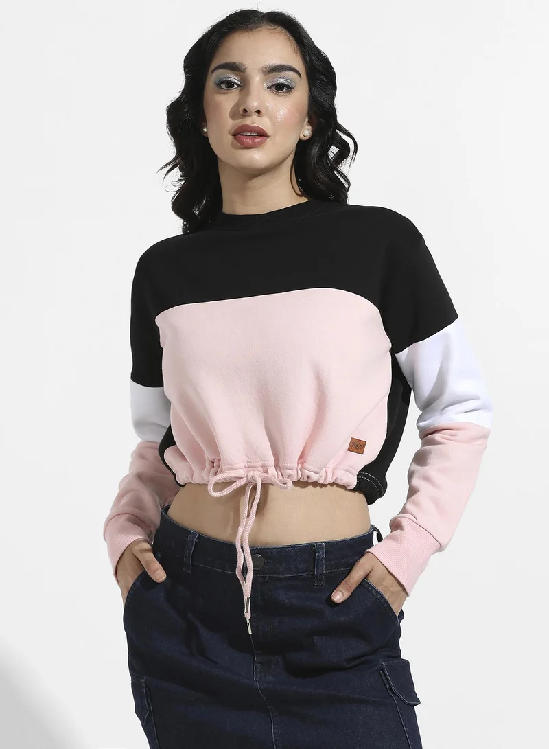 Campus Sutra Women's Multicolour Colourblocked Sweatshirt With Drawstring Waist