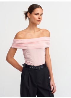Dilvin 30902 Off Shoulder Gathered Top-Powder  - Image 1