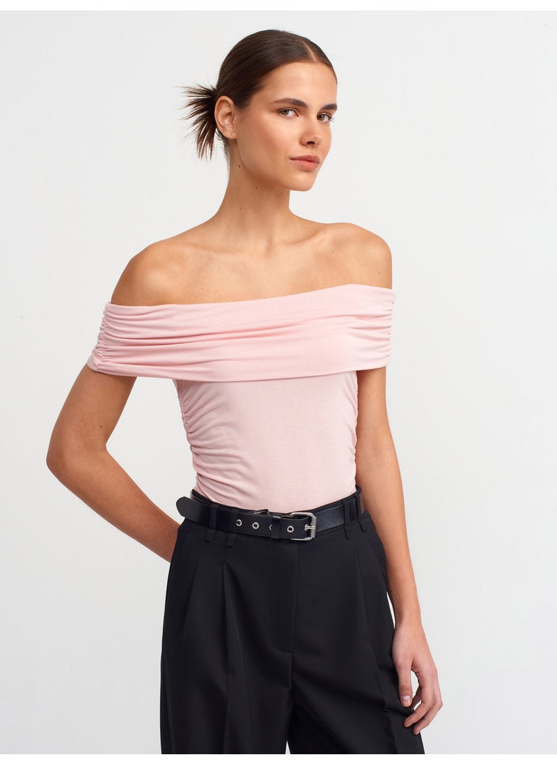 Dilvin 30902 Off Shoulder Gathered Top-Powder  - Image 1