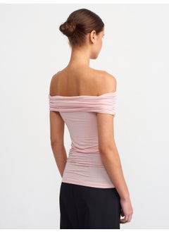 Dilvin 30902 Off Shoulder Gathered Top-Powder  - Image 2