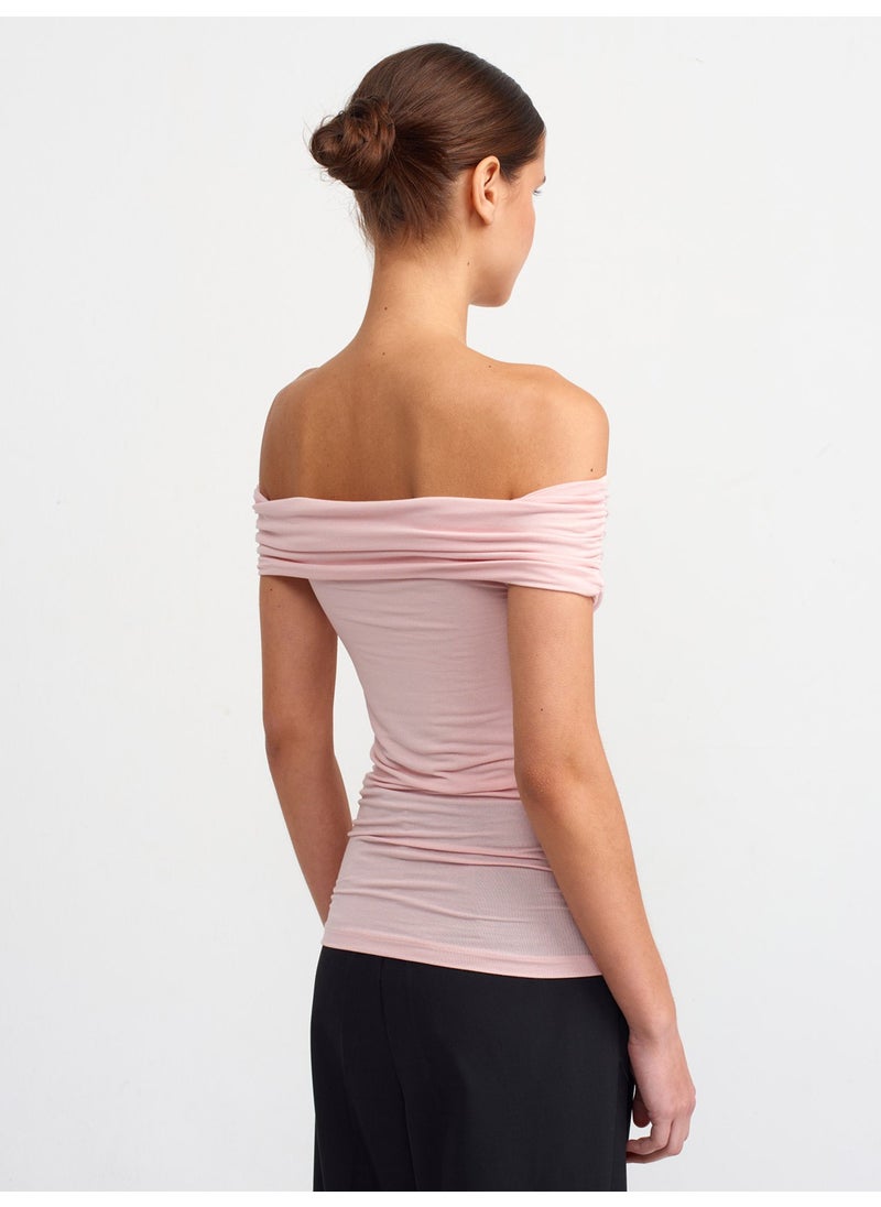 Dilvin 30902 Off Shoulder Gathered Top-Powder  - Image 2